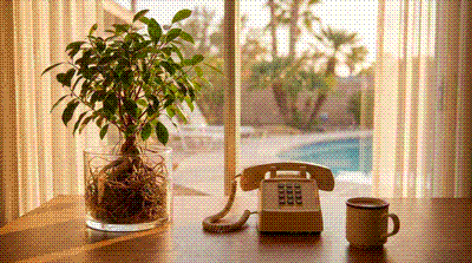 Pixelated 1980s photo of a potted tree with deep roots in a glass pot on a desk by a pool window